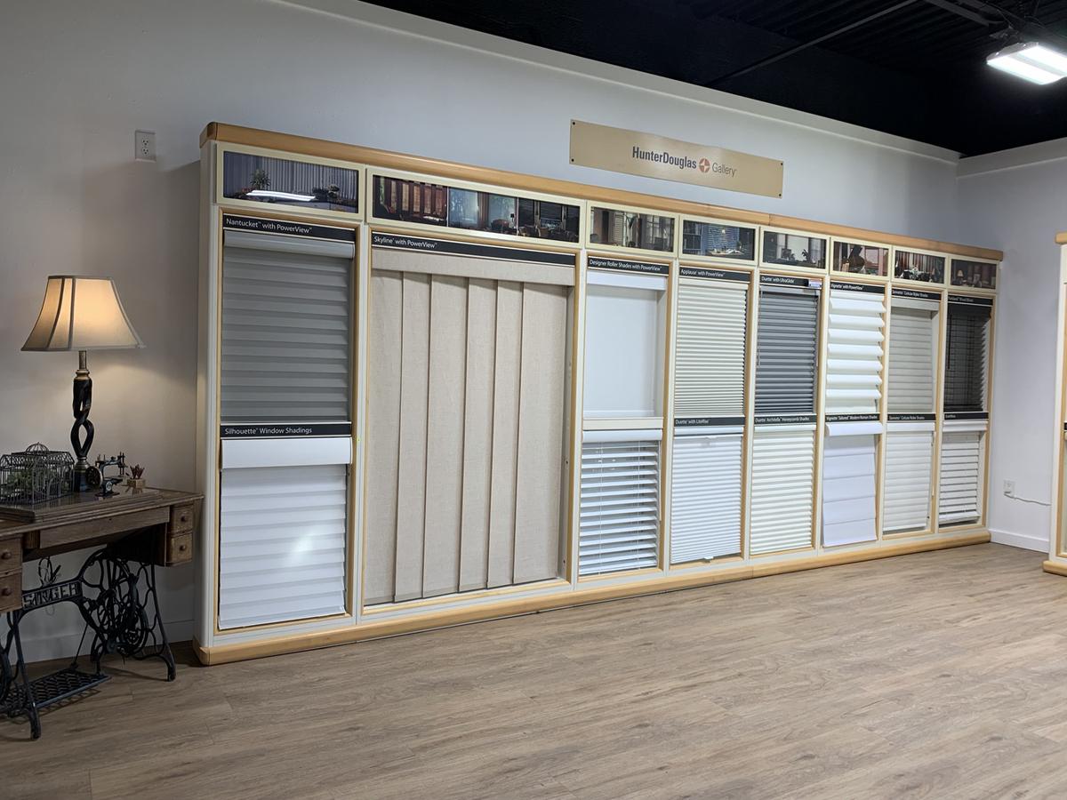 Hunter Douglas display wall in the Interior Fabrics showroom